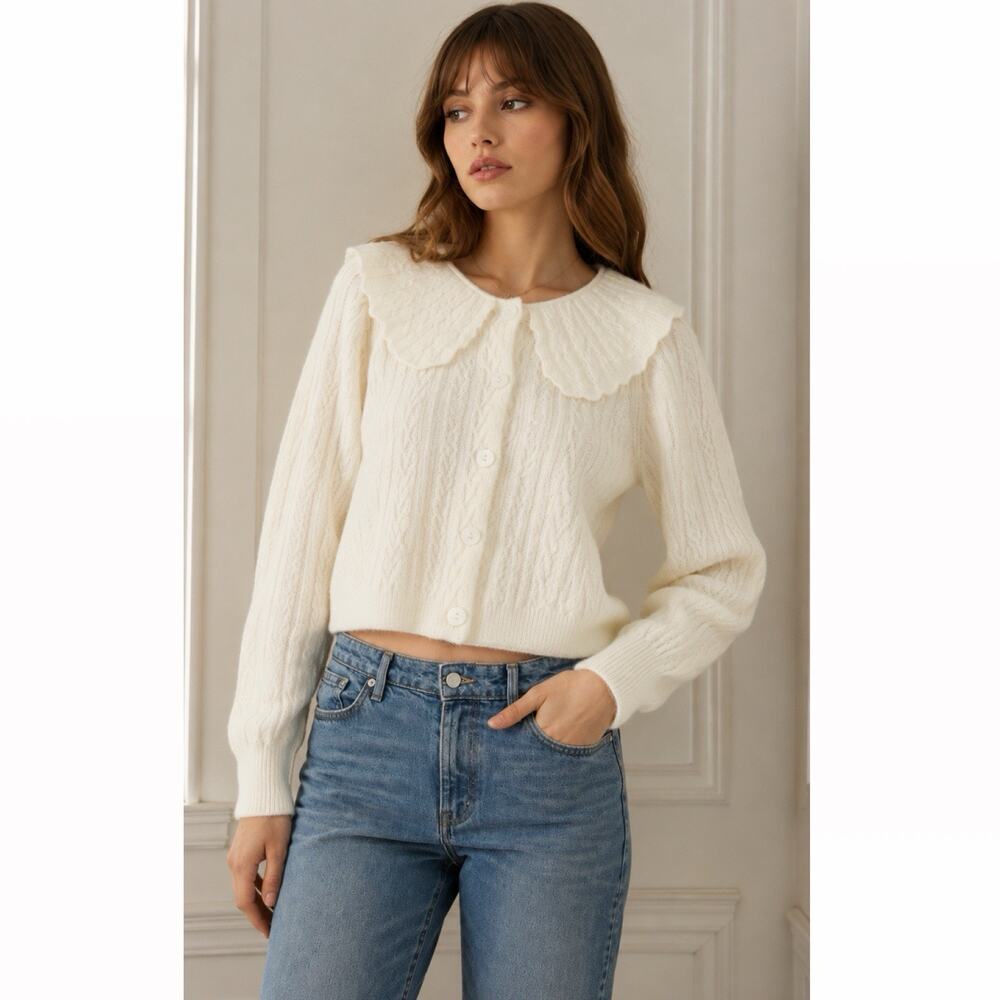 Rixo Wool Blend Jelena Cardigan Cream Small Collared Aaran Knit Dainty Sweater